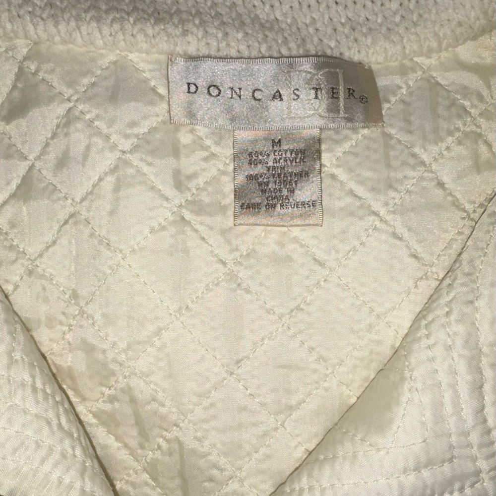 Vintage Doncaster Ivory Quilted Lined Sweater Jacket with Black Leather Trim - Picture 13 of 15
